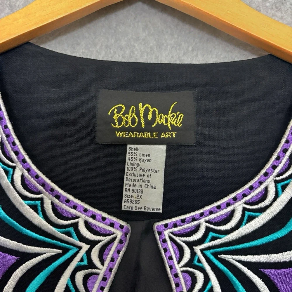 Bob Mackie Wearable Art Jacket Women's Sz 2X Black Embroidered Linen‎ Eclectic